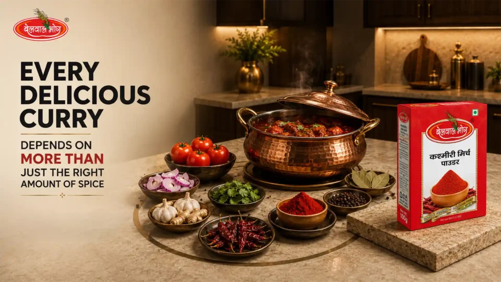 Traditional Indian curry prepared with premium spices featuring the Best Red Chilli Powder Brand in Uttarakhand for vibrant color, authentic taste, and rich aroma.