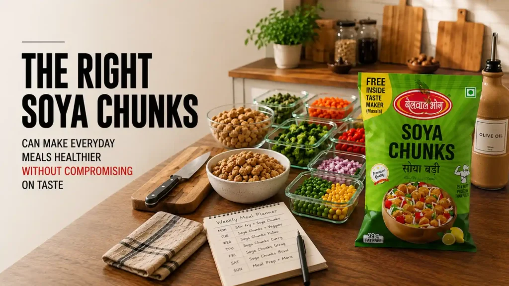 Premium Best Soya Chunks Brand displayed with fresh vegetables and meal prep ingredients, offering high-protein nutrition for healthy and delicious everyday cooking.